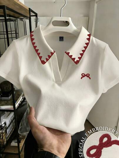 Resyla 女士蝴蝶结印花领短袖荷叶边休闲T恤