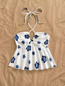 Soleia Women's Vacation Oil Painting Style Print Front & Middle Keyhole Tie Neck Camisole, Autumn/Winter Undershirt - Blue and White - View 4