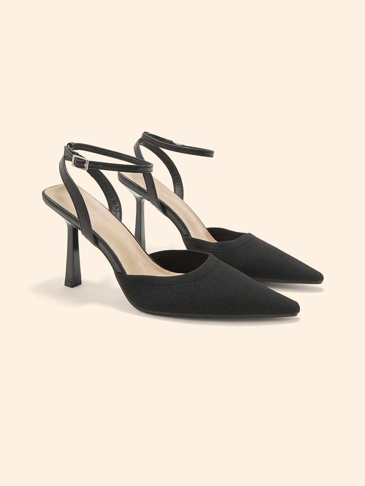 CUCCOO BASICS Women's Fashion Pointed Toe Ankle Strap Stiletto High Heel Black Knit Sexy Pumps, Suitable For Commuting, Dating, Party, Wedding And Other Occasions Valentine's Day
