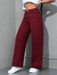 SHEIN Tall Mid-Rise Washed Women's Casual Slant Pocket Versatile Jeans - Burgundy - View 3