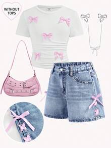 Girlism Tween Girl Blue Pink Denim Shorts,Summer Casual School Back-To-School Y2k Vintage Street Pink Lace-Up Tied Fitted Jeans Shorts With Bowknot Detail - Blue - View 3