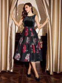 Vintamour Vestido feminino vintage clássico e elegante para festa, vestido justo com patchwork, vestido de veludo jacquard, vestido regata, vestido evasê vermelho vinho - Preto - Ver 5