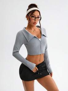 Dewbera جاكيت قصيرة نسائية كاجوال رياضية قابلة للعكس مع سحاب - رمادي - مشاهدة 5