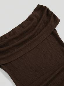 INAWLY Women's Fashionable & Elegant Knitted Textured Fitted Off Shoulder Bell Sleeve Mini Dress With Metal Accessories - Brown - View 4