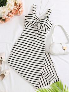 Casual Striped Sleeveless Midi Dress For Teen GirlSummer Outfit - Black and White - View 3