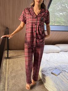 Dream Adore 美式休闲前袋贴片标志格子印花翻领短袖睡衣套装（女款） - 彩色 - 查看 5