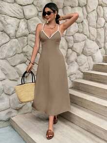 SHEIN Frenchy Women's Vacation Pocketed Strap Midi Dress - Coffee - View 5