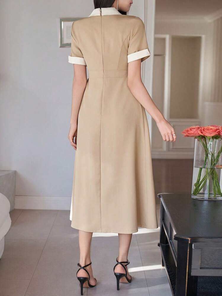 Women's Elegant Contrast Color Collar Patchwork Pocket Long Dress, Summer Sundress