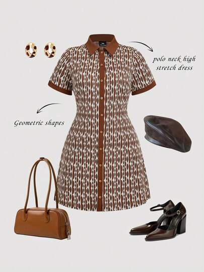 SHEIN MOD Plus Size Women Allover Print Center Front Button Up Placket Lapel Dress,Preppy Style, 70s, Casual, Comfortable, Commuting, Old Money Aesthetic, Perfect For School Attire, Teaching Outfits, And Office Wear,Country Concert Outfitr,Office Outfits For Women.Old-School Style, Business Office.Preppy Outfits,Spring And Summer