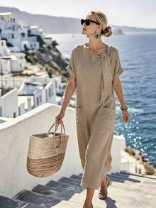 Breezaya Đầm maxi vải nhăn mới về năm 2026 - Cổ tròn, tay ngắn, vai rớt, dáng rộng với chi tiết thắt nơ, phong cách công sở tối giản, đi nghỉ mát, màu Dopamine, xanh băng, thanh lịch tự nhiên. - màu nâu - Xem 5