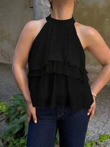 Jeta Ari Loose Fit Neck Tie Ruffle Hem Asymmetrical Chiffon Blouse - Black - View 3