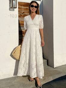 DAZY Textured Lace V-Neck Puff Sleeve Mid-Length Dress For Women Spring - White - View 3