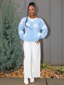 Steph T Drop Shoulder Cloud Pattern Cardigan,Long Sleeve Tops Fall Winter Cloth For Women - Baby Blue - View 6