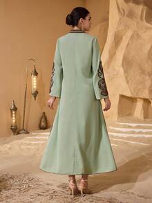 Layrah Women's New Fashion Elegant Luxurious Colorblock Floral Collar, Cuff, Sequin Embroidery, Rope Tie, Irregular Ruffle Flared Sleeve Maxi Dress, Spring/Summer Turkish & Arabic Traditional Kaftan - Green - View 2