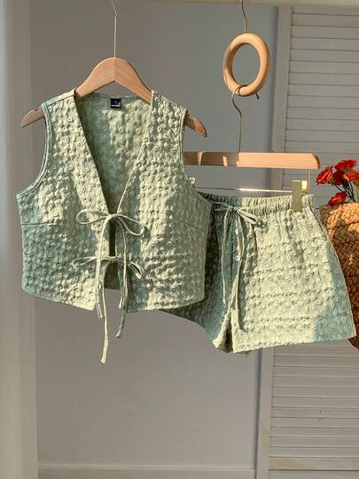 Comfortcana Mint Green Woven Women's Casual Suit, Spring/Summer Summer Two Piece Set Shorts 2 Linen Petite