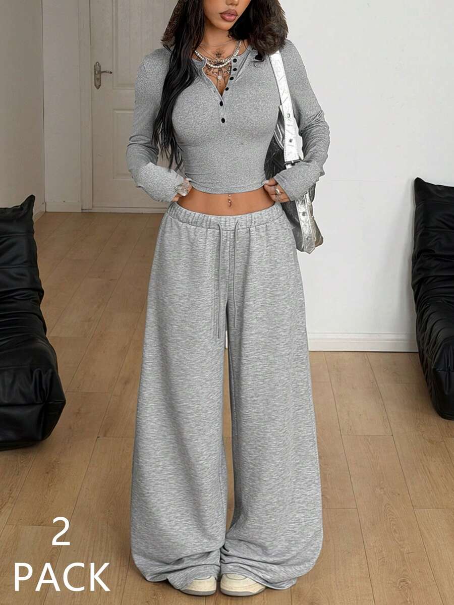 Coolane 女士秋冬简约基础日常休闲针织弹力长袖T恤和阔腿运动裤两件套 - 灰色 - 查看 1