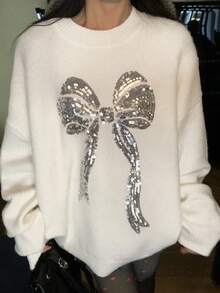 DAZY Women's Christmas Crew Neck Loose Sequin Butterfly Decor Casual Sweater Carnival - White - View 4