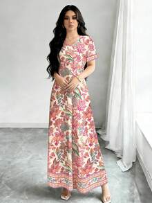 Al Najma 女款花卉印花V領短袖優雅Xhosa傳統中東風長洋裝，春夏季休閒印尼風長裙 - 彩色 - 查看 4