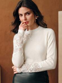 Anewsta 高端、时尚、百搭、精致刺绣花卉细节、修身、圆领、长袖女式毛衣。 - 白色 - 查看 4