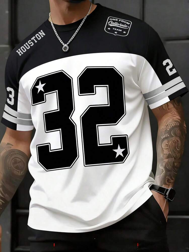 Manfinity Dauomo Camiseta de manga corta para hombres con números y letras en blanco y negro, estilo de moda y de calle, estilo personalizado para ir de compras y salir, y estilo versátil para primavera y verano - Multicolor - Añade 1