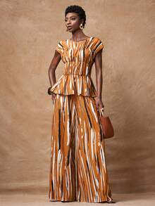 Zivah 2026春夏新款浪漫音乐节复活节西部波西米亚纳什维尔派对婚礼正式约会休闲学生日常基本款百搭休闲邮轮海滩日光浴优雅通勤商务休闲圆领短袖褶皱下摆上衣+阔腿裤多色条纹印花两件套，春夏套装，休闲套装，浪漫套装，女士两件套 - 棕色 - 查看 6