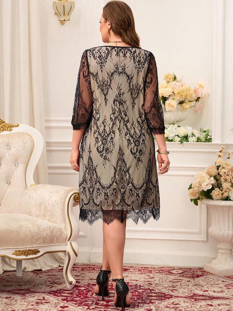 Plus Size Women Floral Lace Round Neck 3/4 Sleeve Loose Elegant Dress For Summer Mother Of The Bride Dress Plus Size Luxury Dress For Women Mother Of Groom Dress Black Lace Dress Plus Graduation Dress Women Elegant Party Outfit Wedding Guest Dress