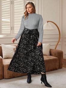 EMERY ROSE Plus Size Floral Print Patchwork Elegant Long Sleeve Dress/Summer/Spring/Vacation - Light Grey - View 5