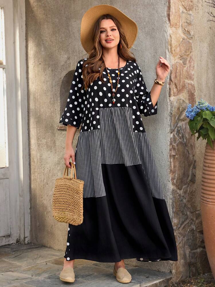 Plus Size Women Casual Vacation Round Neck 3/4 Sleeve Polka Dot, Plaid & Striped Patchwork Dress, Early Spring/Valentine's Day, Spring Break Outfits ,Valentine Outfits For Women ,Vacation Outfits Women ,Holiday Outfits For Women,Spring Dress Women,Going Out Outfits,2026 New Clothes,Simple And Fashionable For Everyday Wear,Casual Elegant Valentine's Day Party Everyday, Black Polka Dot Dress, Black And White Polkadot Dress, Polka Dot Dress, Dress Modest