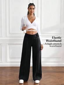 Flexra Women's Solid Color Elastic Waist Slant Pocket Jeans Black Flare Pants Flared Pants For Women Pants Wide Leg - Grey - View 6