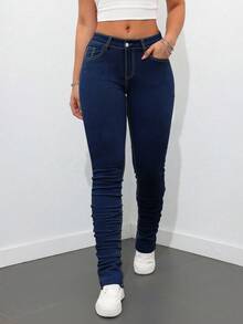 SHEIN Tall 女款口袋休閒百搭修身喇叭腿牛仔褲，海軍藍，適合夏季日常與校園穿著，高個女性適用 - 深色水洗藍 - 查看 3