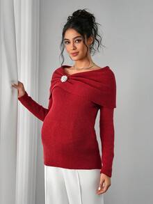 SHEIN Suéter plegable con decoración de rhinestones para maternidad - Rojo - Ver 5