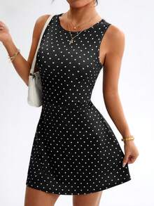 Dewbera 女士波点印花圆领无袖运动连衣裙，带衬里短裤 - 黑色 - 查看 7