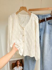 SHEIN Frenchy Solid Guipure Lace Trim Lantern Sleeve Blouse,Long Sleeve Tops Winter Casual Spring - Beige - View 5