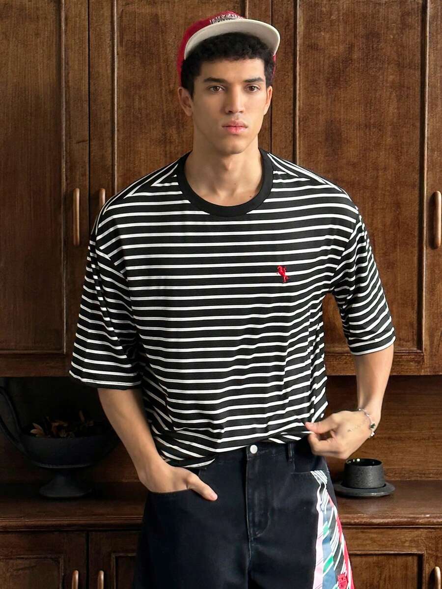 SWAVVY Men's Casual Striped Embroidered Detail Short Sleeve T-Shirt, Summer - Black and White - View 1