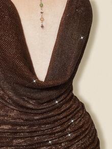 SHEIN ICON Vestido mini con escote pronunciado, espalda descubierta y cordones, inspirado en el crochet - Marrón - Ver 9