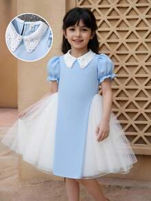 Young Girl' Cute Lace Collar Puff Sleeve Patchwork Tulle Textured Fabric Casual Elegant Dress - Blue - View 4