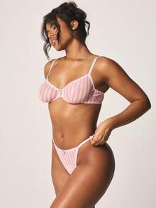 Missguided x Playboy Balconette Bra And Thong Set With Vertical Stripe Pattern Hook Eye Closure For Intimate Occasions - Multicolor - View 3