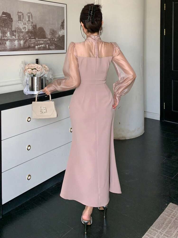 Women's Elegant Patchwork Tie Collar Puff Sleeve Pleated Midi Dress, Autumn/Winter