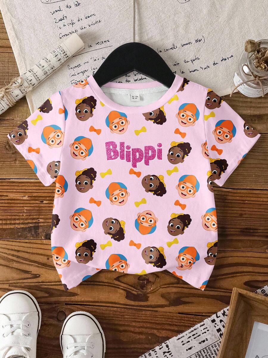 Blippi X SHEIN Young Girl Casual All-Over Print Round Neck Short Sleeve T-Shirt, Summer