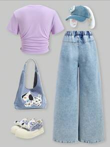 SHEIN Bộ 2 món cho bé gái tuổi teen, gồm áo tay ngắn và quần ống rộng, màu trơn, kiểu dáng dễ thương, phù hợp mặc hàng ngày, đi làm, dạo chơi, đi nghỉ mát và tụ họp bạn bè. - Màu tím - Xem 2