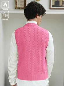 Manfinity CasualKnits Men's V-Neck Cable Knit Letter Embroidery Pattern Casual Versatile Autumn/Winter Travel Sweater Vest Argyle Vest Pink Men's Pink Sweater Vest Pink Vest Sleeveless Sweater V-Neck Vest Cable Knit Vest - Pink - View 5