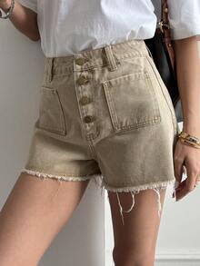 Livesso Women's Casual Frayed Hem Denim Shorts, Summer - Khaki - View 7