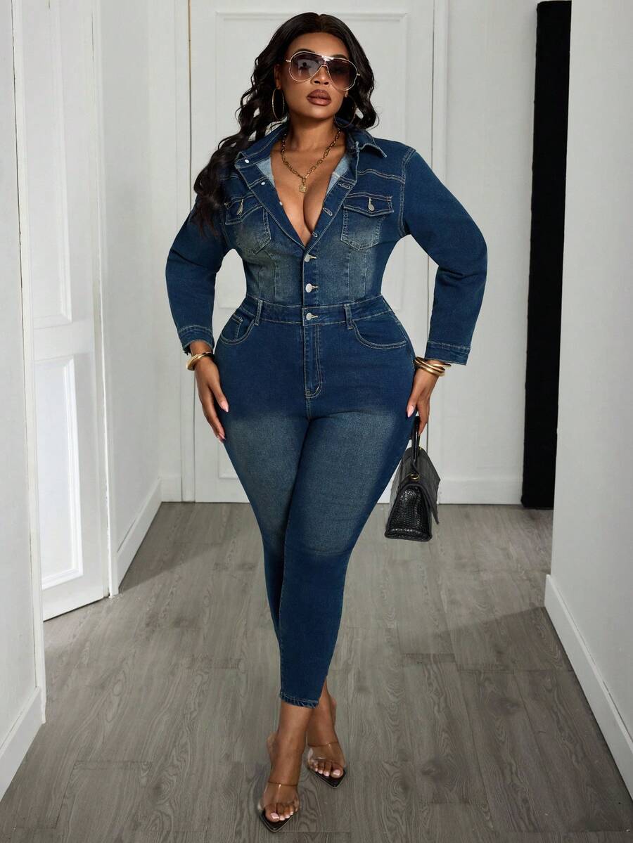 SHEIN CURVE+ Bộ áo liền quần dài tay cổ bẻ cài nút thắt eo dáng rộng dành cho nữ cỡ lớn, kiểu dáng thường ngày, chất liệu vải mềm mại, thoải mái. - Rửa tối - Xem 1