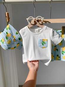 SHEIN 3件套幼儿男女宝宝可爱柠檬条纹短袖T恤、针织上衣、短裤和帽子套装，春夏男宝宝服装 - 藍色 - 查看 4