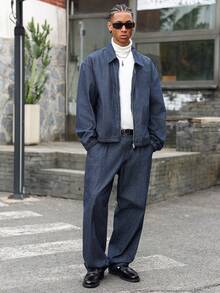 Manfinity EMRG 男士休闲条纹蓝色牛仔套装 - 深色水洗藍 - 查看 5