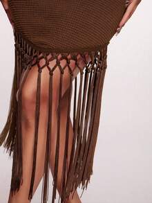 Radiana Women's Summer Boho Brown Crochet Flowy Fringe Hem Dress, Holiday/Beach Vacation Dress - Brown - View 6