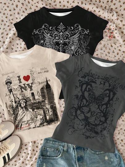 SHEIN 3-delars set Beige, Mörkgrå, Svart Vintage Punk Gothic, Frihetsgudinnans stil Grafisk Slim Fit Casual Bekväma Rundringade Kortärmade T-shirts, Mångsidig För Tonårsflickor, Vår/Sommar