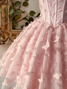 Lovelzi Elegant, Romantic, Fashionable Pink Mesh Embroidered Fabric Strapless Dress With Boned Bodice, Butterfly Decor, A-Line Silhouette, Suitable For Elegant Party, Wedding Guest Attire, Pink Dress, Bachelorette Party, Prom Dress - Baby Pink - View 5