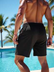 Manfinity Swimmode 男士休闲条纹印花沙滩短裤 - 黑色 - 查看 2