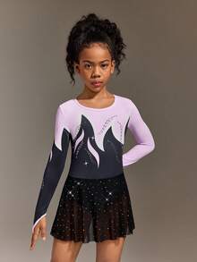 Tween Girl Contrast Color Print Dance & Ice Skating Activewear, Embellished With Shiny Rhinestones - Multicolor - View 4